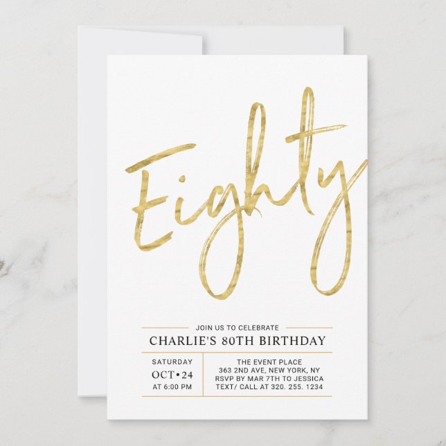 Eighty | Modern Gold Brush 80th Birthday Party Invitation (Front)