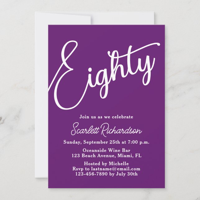 Eighty Modern Script Autumn Purple 80th Birthday Invitation (Front)