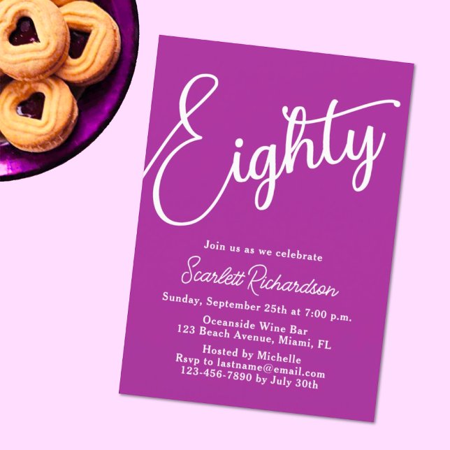 Eighty Modern Script Dark Pink 80th Birthday Invitation (Creator Uploaded)