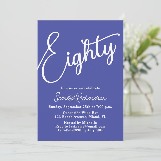 Eighty Modern Script Lavender Purple 80th Birthday Invitation (Standing Front)