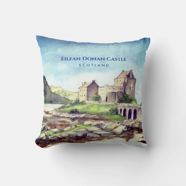 Eilean Donan Castle Scotland Watercolor Painting Cushion (Front)