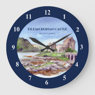 Eilean Donan Castle Scotland Watercolor Painting Large Clock