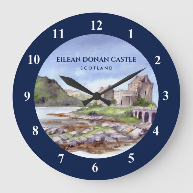 Eilean Donan Castle Scotland Watercolor Painting Large Clock (Front)