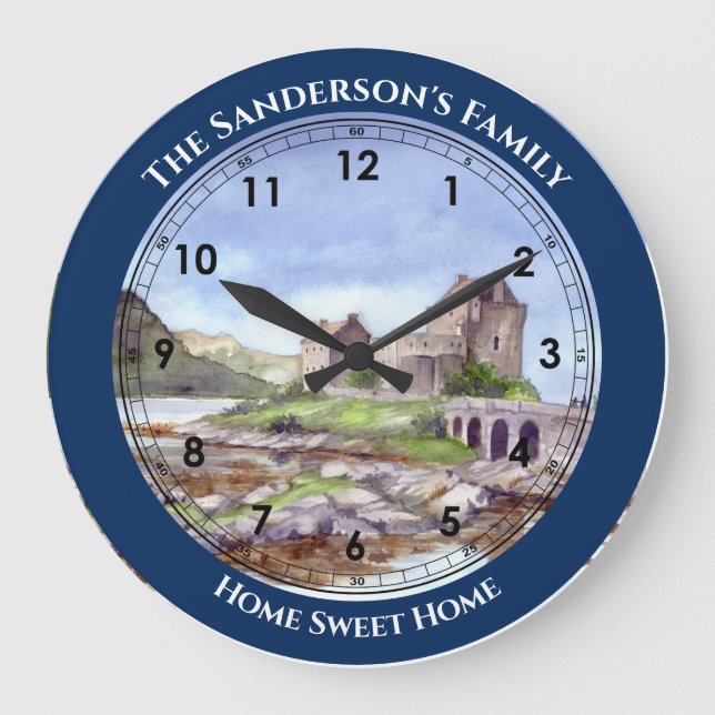 Eilean Donan Castle Watercolor Painting Large Cloc Large Clock (Front)