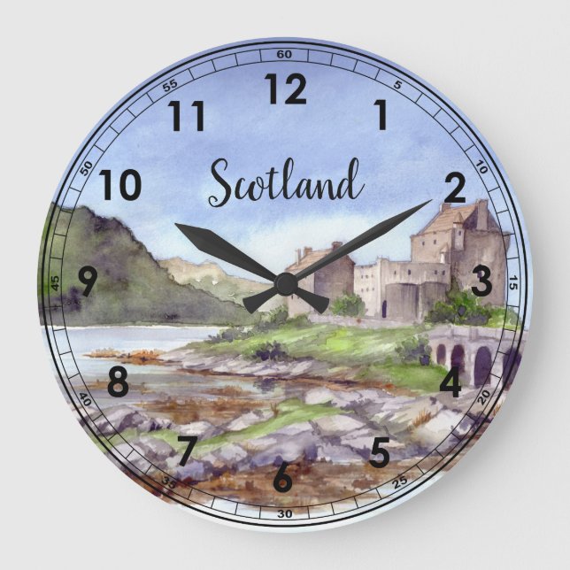 Eilean Donan Castle Watercolor Painting Large Clock (Front)