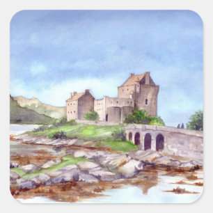 Eilean Donan Castle Watercolor Painting Square Sticker