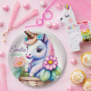 Einhorn im Korb - Wasserfarbe Kindermotiv Paper Plate