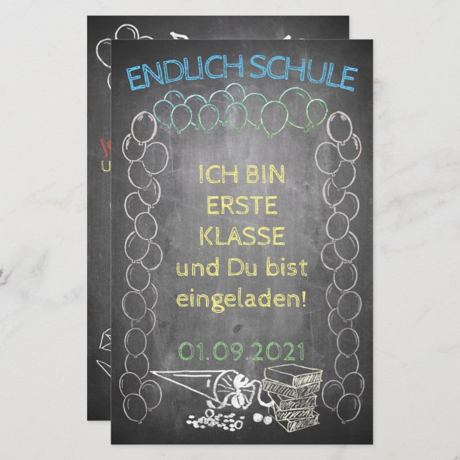 Einladungskarte zur Einschulung im Tafelstil (Front/Back)