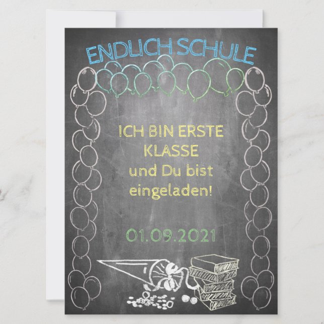 Einladungskarte zur Einschulung im Tafelstil (Front)