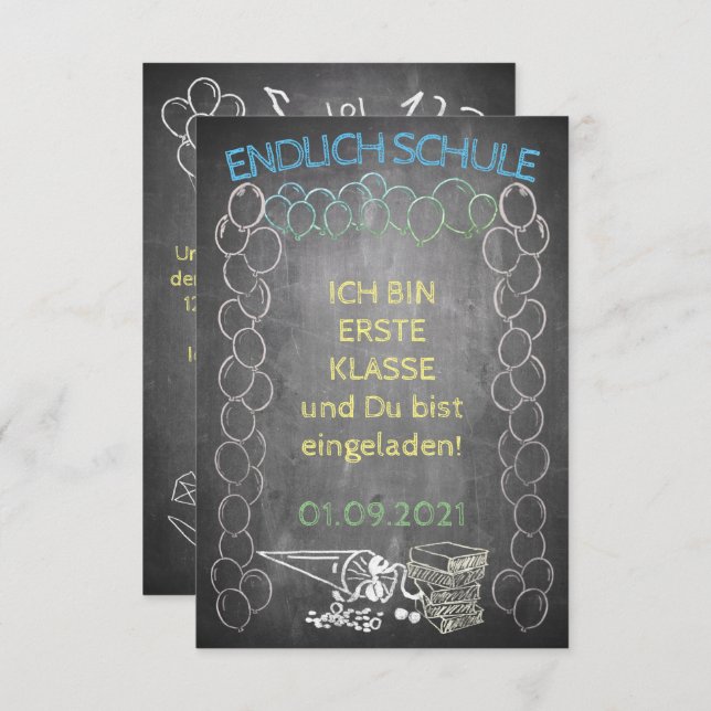 Einladungskarte zur Einschulung im Tafelstil (Front/Back)