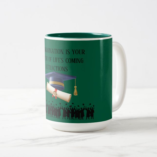 Einstein's graduation motto hunter green Two-Tone coffee mug (Front Right)