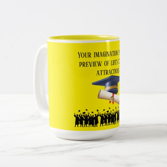 Einstein's graduation motto yellow Two-Tone coffee mug (Front Left)