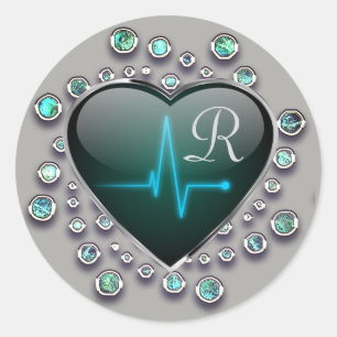 EKG heart jewel look grey black blue medical Classic Round Sticker