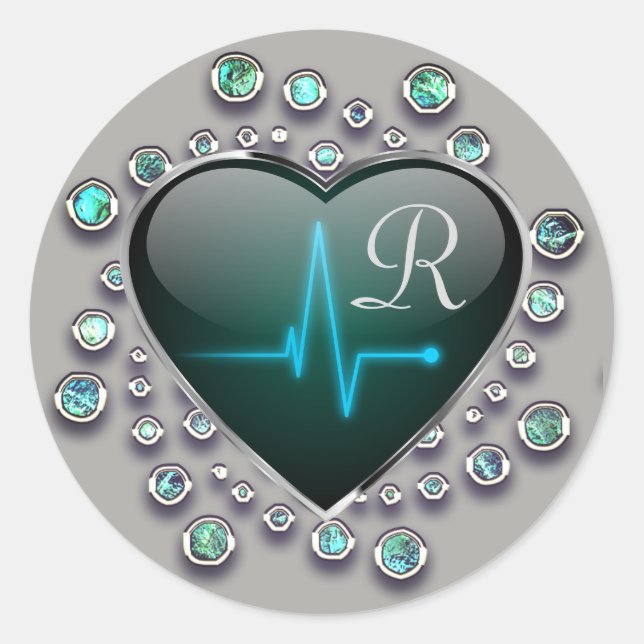  EKG heart jewel look grey black blue medical Classic Round Sticker (Front)