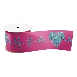 EKG heart medical ekg line pink turquoise blue Satin Ribbon