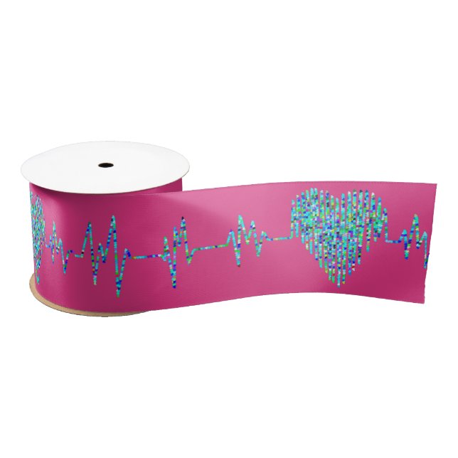 EKG heart medical ekg line pink turquoise blue Satin Ribbon (Spool)
