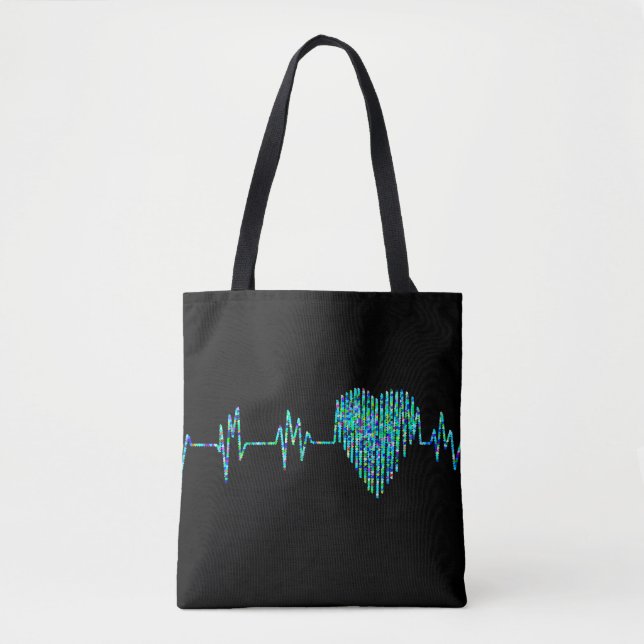 Ekg line heart medical black turquoise nurse dr tote bag (Front)