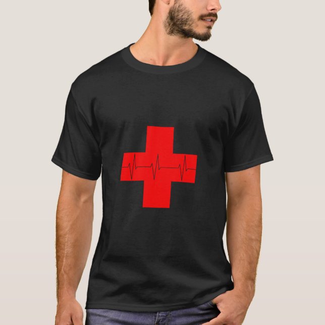 Ekg Red Cross First Aid Health Medical T-Shirt (Front)