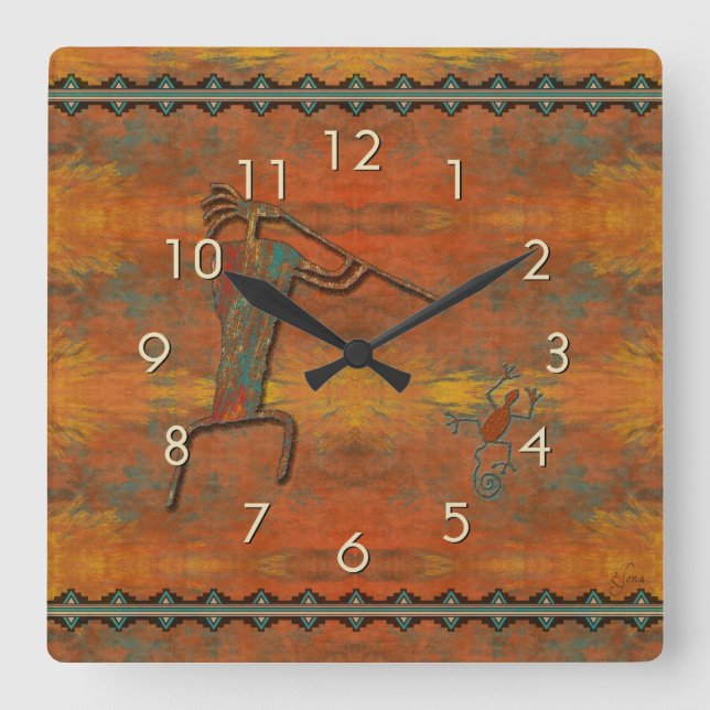 El Flautista (The Flute Player) Square Wall Clock (Front)