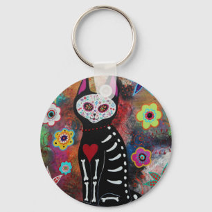 El Gato Day of the Dead Painting by Prisarts Key Ring