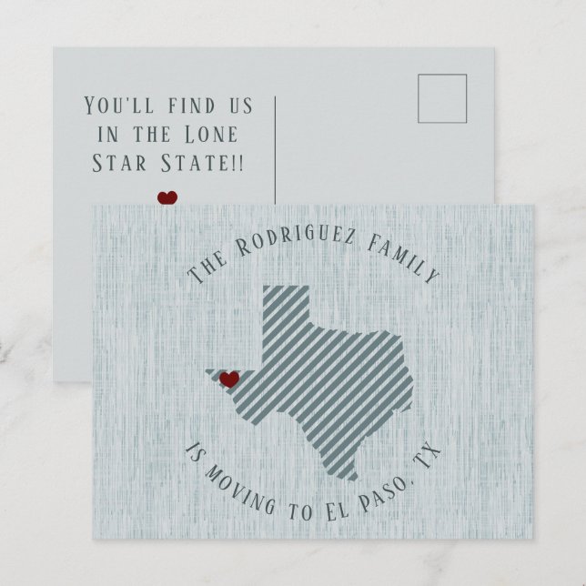 El Paso Blue Linen and Heart Texas Moving Announcement Postcard (Front/Back)