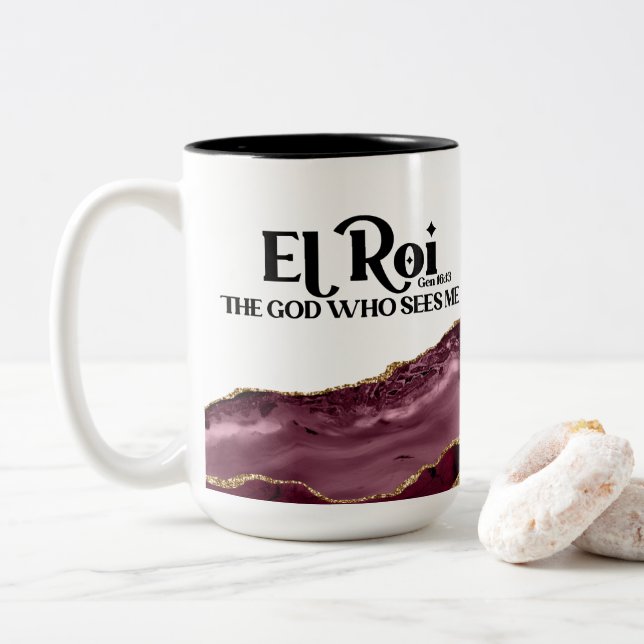 El Roi The God Who Sees Me Red Marble Monogram   Two-Tone Coffee Mug (With Donut)