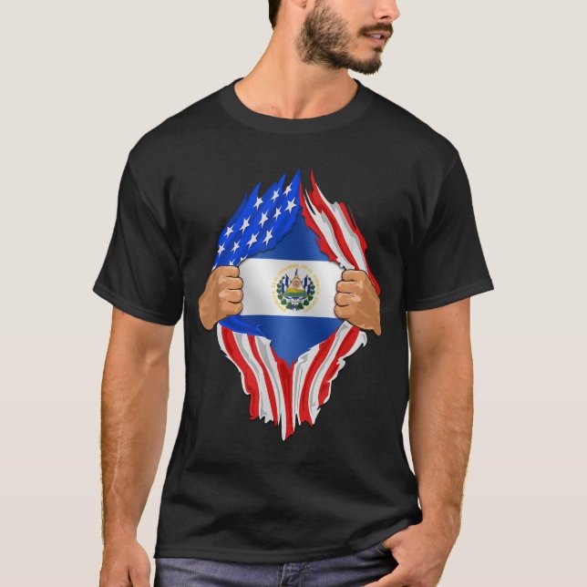 El Salvador Roots USA Flag Patriotic Salvadoran He T-Shirt (Front)