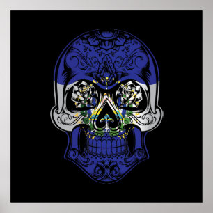 El Salvador Skull And Roses Flag Poster