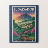 El Salvador Volcano Illustration Travel Art Vintag