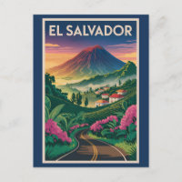 El Salvador Volcano Illustration Travel Art Vintag