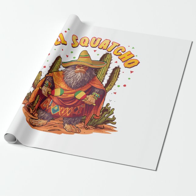 El Squatcho Bigfoot with Maraca, Sombrero and Ponc Wrapping Paper (Unrolled)