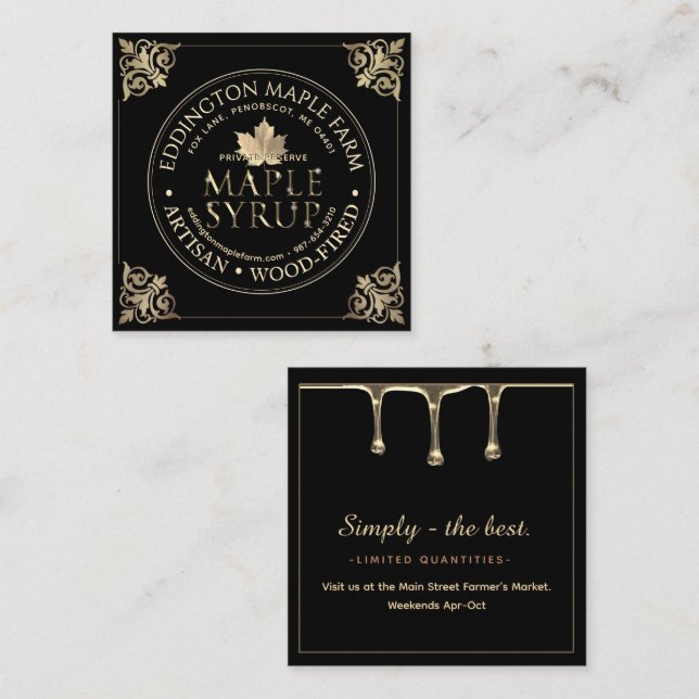 Elaborate Artisan Black and Gold Maple Syrup  Square Business Card (Front/Back)