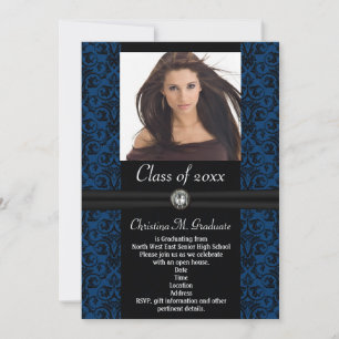 Elaborate Blue Black Damask Graduation Invitation