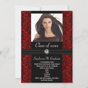 Elaborate Dark Red Black Damask Graduation Invitation