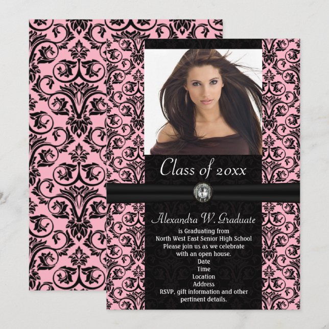 Elaborate Light Pink w/Black Damask Graduation Invitation (Front/Back)