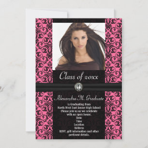 Elaborate Pink Black Damask Graduation Invitation