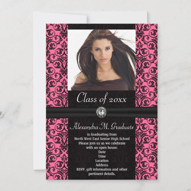 Elaborate Pink Black Damask Graduation Invitation (Front)