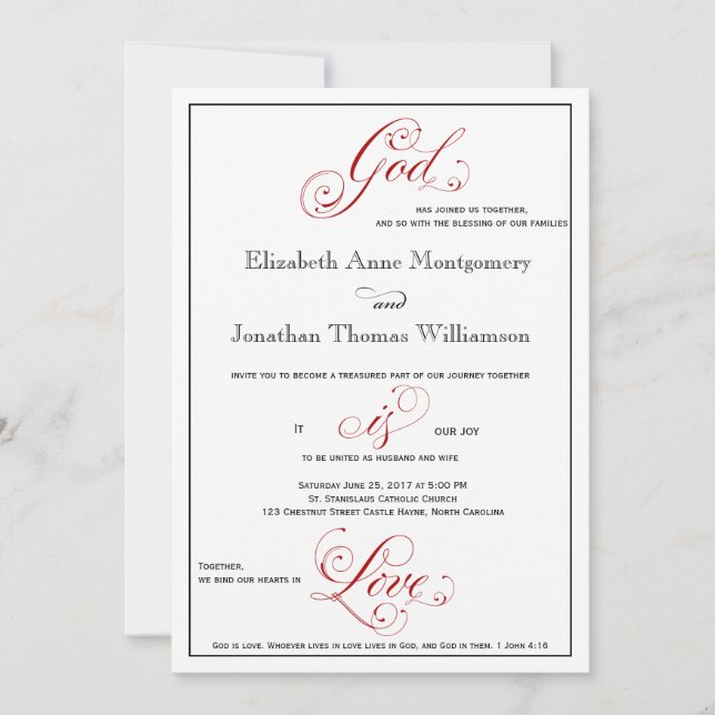 Elaborate Red God is Love Christian Wedding Invitation (Front)