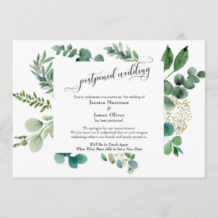 Elaborate Script Eucalyptus Postponed Wedding Card