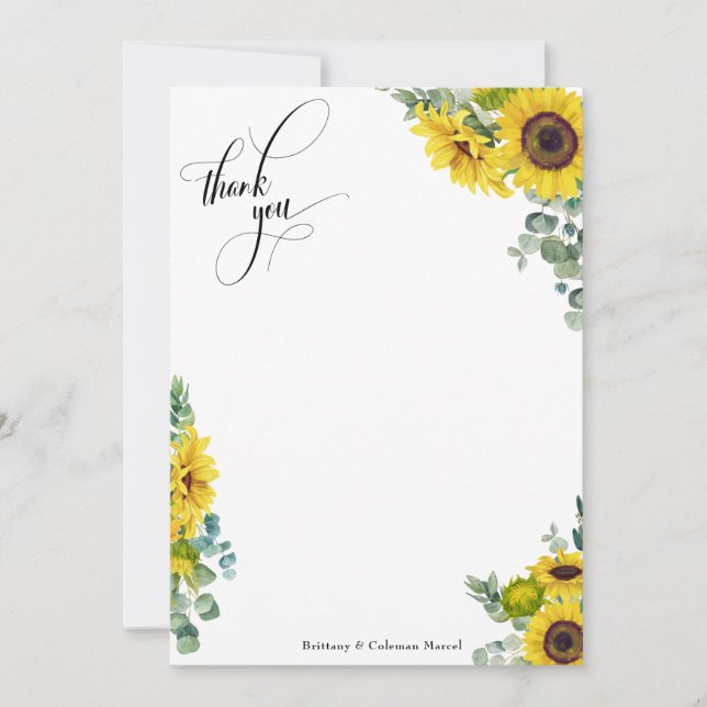 Elaborate Script Eucalyptus & Sunflowers Thank You Card (Front)