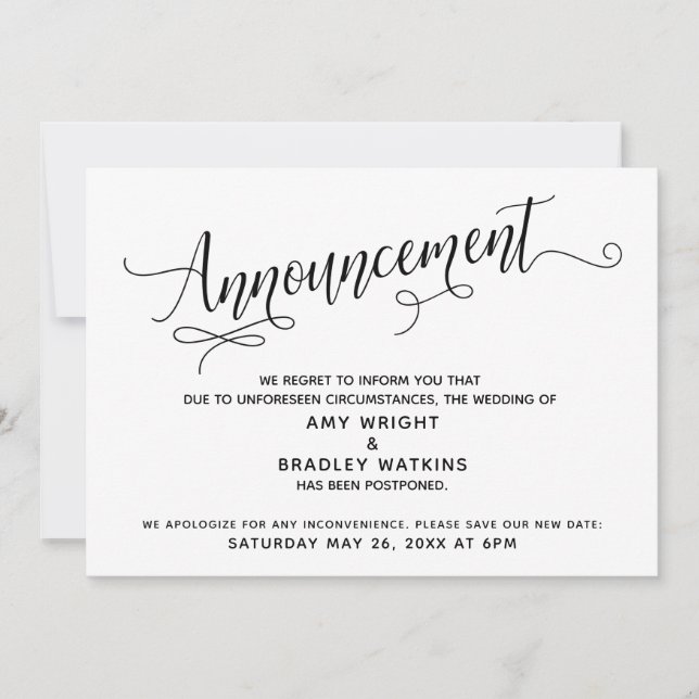 Elaborate Script Postponed Wedding Announcement (Front)