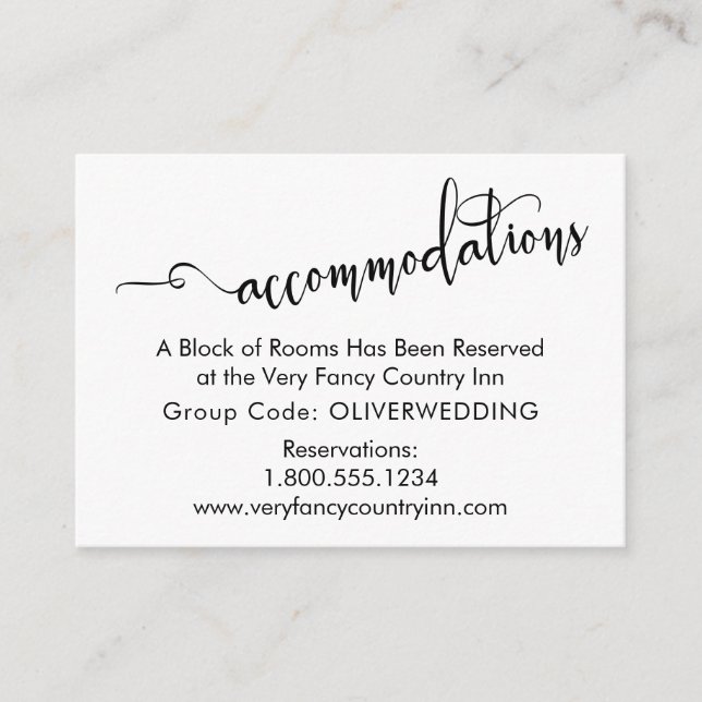 Elaborate Script, Simple Wedding Accommodations Enclosure Card (Front)