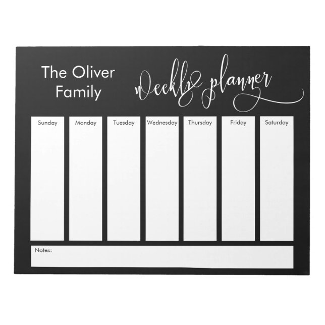Elaborate Script Simple Weekly Planner, Black Notepad (Front)