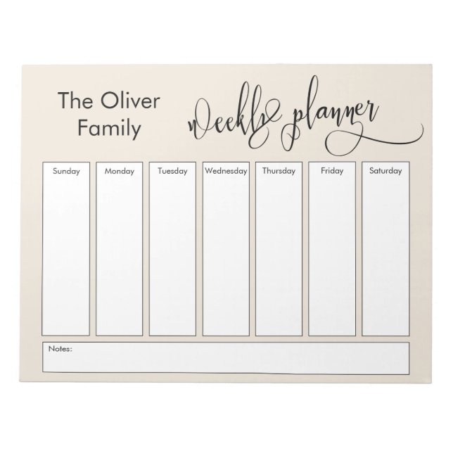 Elaborate Script Simple Weekly Planner, Cream Notepad (Front)