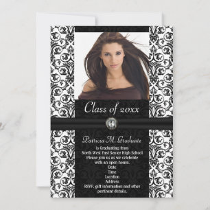 Elaborate White Black Damask Graduation Invitation