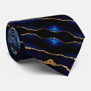 Elagant Neck Tie Agate Navy Blue Gold Marble