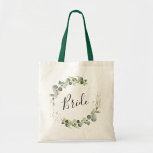 elagant script greenery foliage bride tote bag