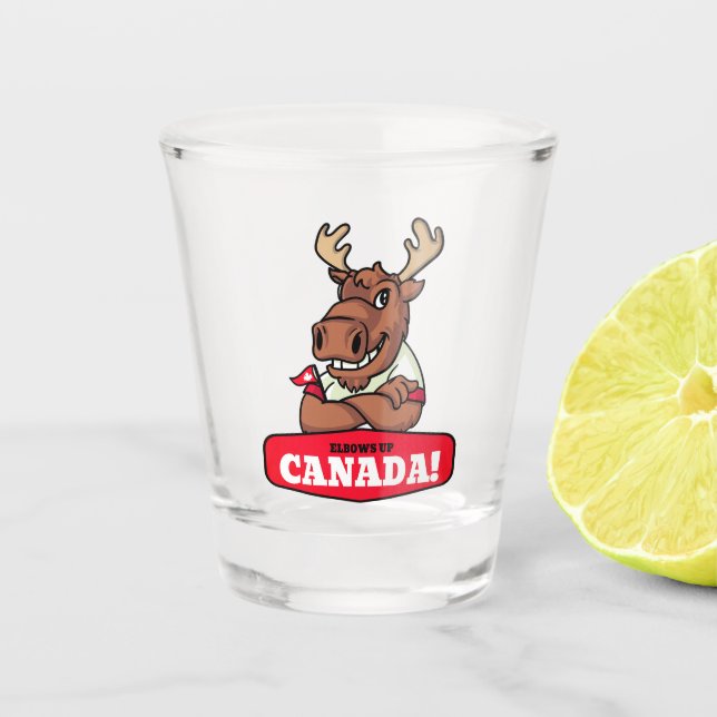 Elbows Up Canada! Funny Moose Shot Glass (Front)