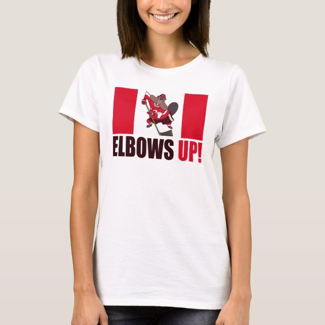 Elbows Up Quote Hockey Playing Beaver Flag T-Shirt (Front)