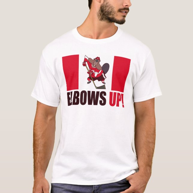 Elbows Up Quote Hockey Playing Beaver Flag T-Shirt (Front)